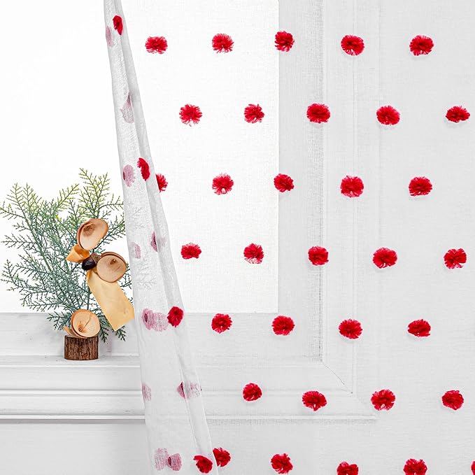 MYSKY HOME Red Pom Pom Curtains for Kitchen 45 Inch Long Bedroom Curtains Christmas Small Windows Light Filtering Sheer Curtains for Nursery Short Cafe Bathroom Privacy Rod Pocket 2 Panels 52 x 45 in
