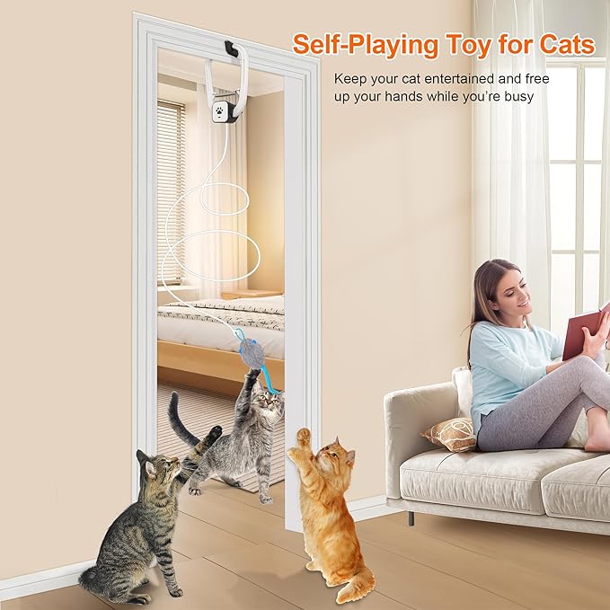 Cat Toy, Upgraded Smart Interactive Cat Toys with Remote Control, USB Rechargeable Door Hanging Retractable Kitten Toy for Self Play, Teaser Electronic Feather Cat String with 3 Plush Mice-Mewly Pet