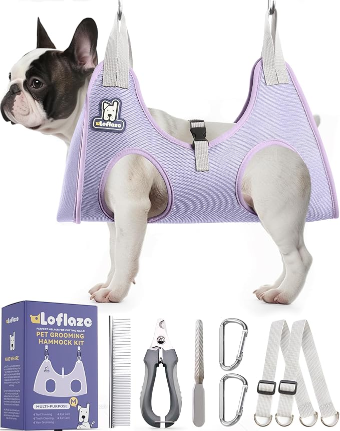 Dog Grooming Hammock Harness for Dogs & Cats with Pet Nail Clipper Trimmer - Cat Hanger Sling for Trimming Clipping Nails- Dog Hammock Restraint Bag for Small Medium Large pet （ Purple M）-Mewly Pet