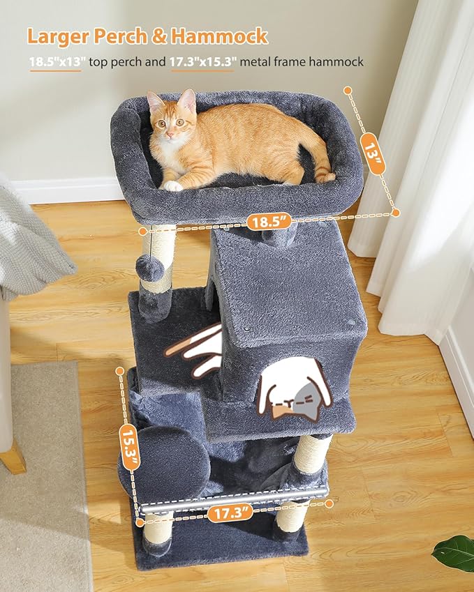 PETEPELA 45.7" Cat Tree for Indoor Cats, 5-Level Cat Tower for Large Cats with Metal Frame Large Hammock (17.3"x15.3"), Cat Condo with (18.5"x13") Big Top Perch & 4 Sisal Covered Scratching Post Dark-Mewly Pet