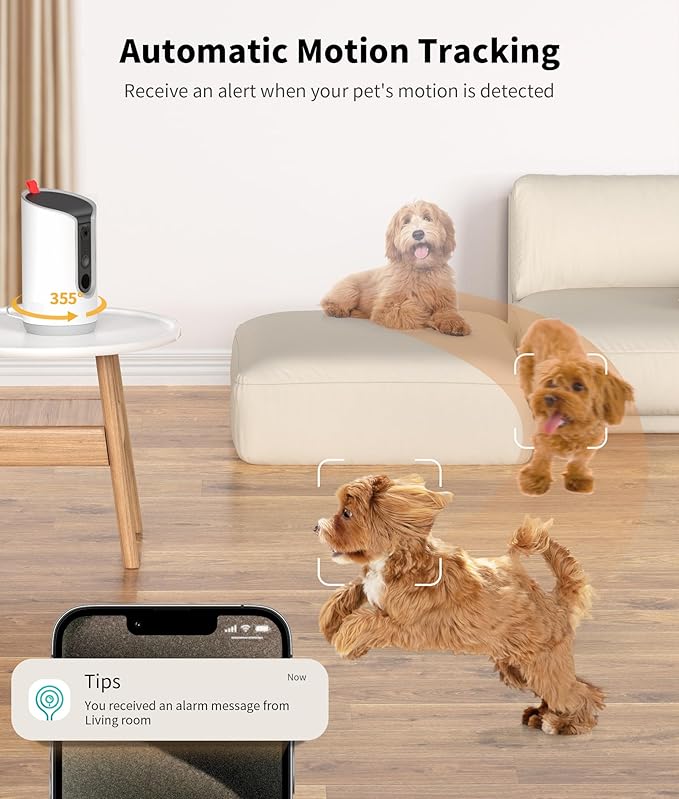 2K Pet Camera Treat Dispenser, 360°View Dog Camera with Phone App, 5G&2.4G WiFi 2-Way Talk Pet Cam Indoor for Cats Remote Treat Tossing, Motion Alerts, Auto Tracking-Mewly Pet