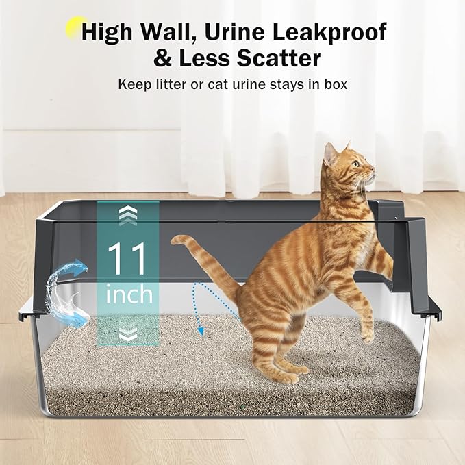 Stainless Steel Litter Box, Extra Large Litter Boxes for Big Cats, XLarge Metal Cat Litter Box with Lid, Anti-Urine Leakage XL Box with High Sides, Easy Clean, Non-Sticky, Scoop Included-Mewly Pet