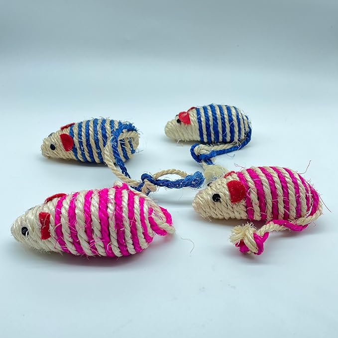 LUOZZY 4Pcs Cat Mouse Toys Adorable Sisal Mice Toys Kitten Chewing Toy Funny Indoor Animal Shape Props Pet Supplies - Blue+Pink 1.38x5.11in-Mewly Pet