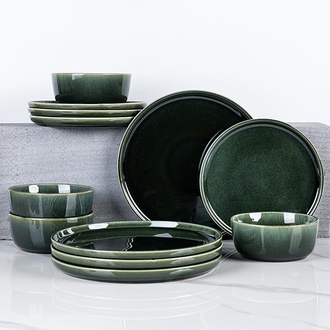 GBHOME Ceramic Dinnerware Sets for 6, 18 Pieces Stoneware Plates and Bowls Sets, Reactive Glaze Dishes -Scratch Resistant, Dishwasher&Microwave Safe, Earth Green-Mewly Pet