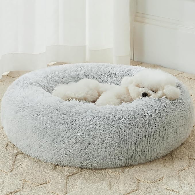 WNPETHOME Calming Dog Bed Cat Bed Donut, Faux Fur Pet Bed Self-Warming Donut Cuddler, Comfortable Round Plush Dog Beds (24 x 24 Inch, Light Grey)-Mewly Pet