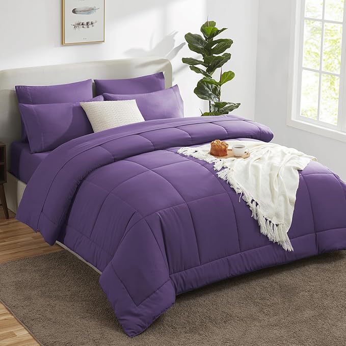 CozyLux Full Size Comforter Sets Purple, 7 Pieces Bed in a Bag, Purple Comforter Full Size, All Season Bedding Sets with Stitch Quilted Comforter, Flat Sheet, Fitted Sheet, Pillowcases