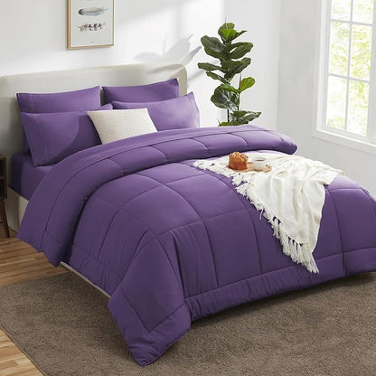 CozyLux King Size Comforter Set Purple, 7 Pieces Bed in a Bag, Purple Comforter King Size, All Season Bedding Sets with Stitch Quilted Comforter, Flat Sheet, Fitted Sheet, Pillowcases