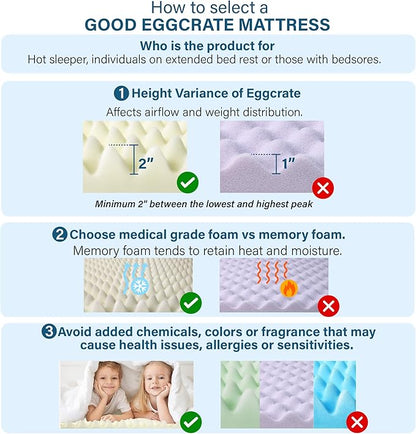 Vaunn Medical Egg Crate Mattress Topper, Fragrance-Free, Dye-Free, Convoluted Foam for Pain Relief on Pressure Sores, Ventilated Therapeutic Support and Recovery, Hospital Bed Twin (79" x 35")