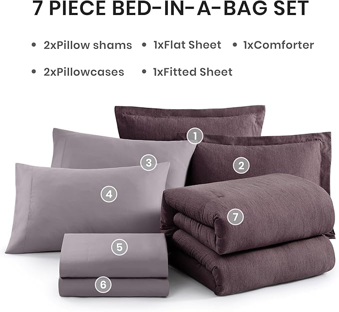Monbix Oversized Queen Comforter Set - 7 Pieces Cationic Dyeing Italian Plum Bed in a Bag Bedding Sets with Comforter, Sheets, Pillowcases & Shams, Reversible Bedding Comforters Sets