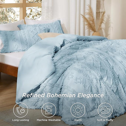 Bedsure Tufted Boho Comforter Set King Size - Dusty Blue Boho Bed Set, GentleSoft™ 3 Pieces Farmhouse Shabby Chic Embroidery Bedding, Gifts for Woman, Soft Jacquard King Comforter for All Seasons