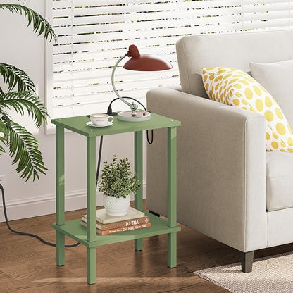 TUTOTAK End Table with Charging Station, Set of 2, Small Side Table with Outlets, Nightstand Bedside Table, 2-Tier Storage Shelf for Small Space, Living Room, Bedroom Olive Green TB01BOG041