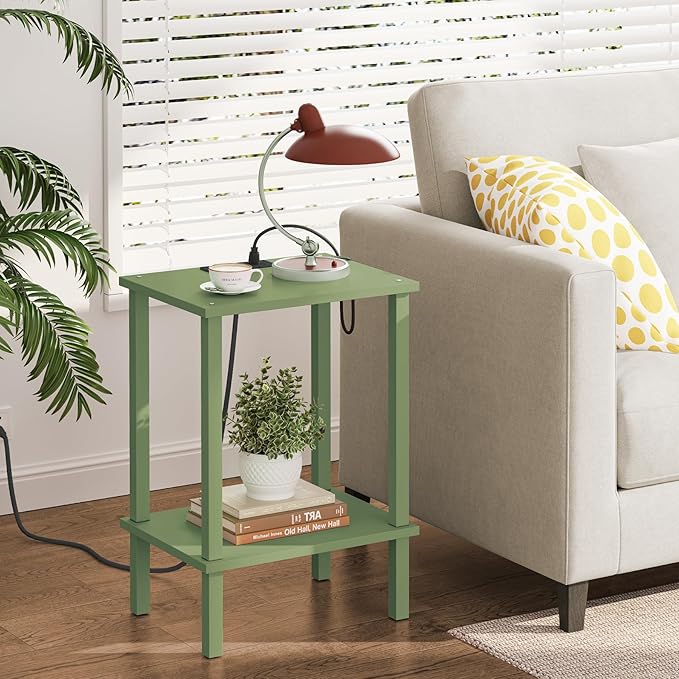 TUTOTAK End Table with Charging Station, Small Side Table with Outlets, Nightstand Bedside Table, 2-Tier Storage Shelf for Small Space, Living Room, Bedroom, Olive Green TB01BOG040