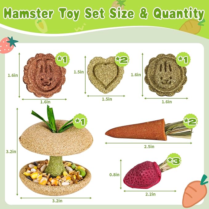 10 PCS Guinea Pig Chew Toys for Teeth, Rabbit Chew Toys Contain Natural Timothy Apple Core, Grass Cake, Carrot and Strawberry;Hamster toys for Bunny Chinchilla Gerbil Dental Care & Treat Teething-Mewly Pet