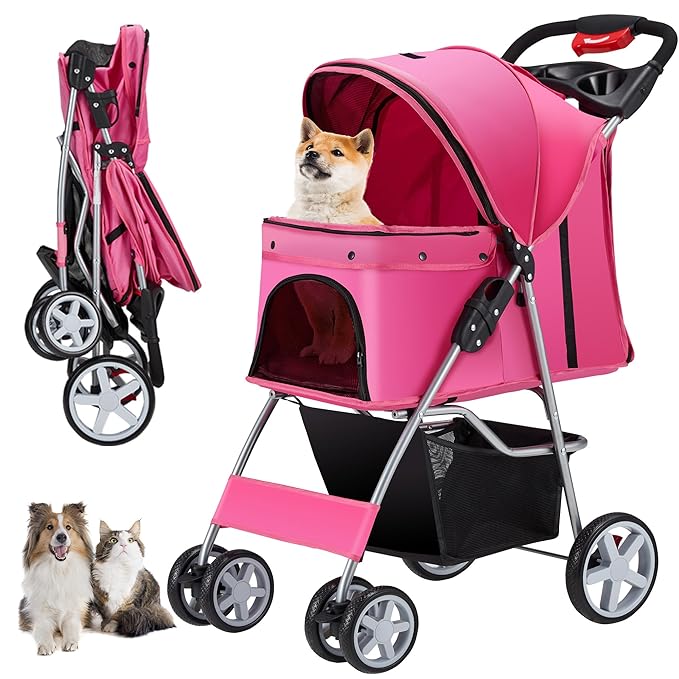 4 Wheels Pet Stroller for Small Medium Dogs Cats 10-33 lbs, Foldable Dog and Cat Stroller with Cup Holder & Storage Basket & Breathable Mesh, Pet Strolling Cart for All-Season, Pink-Mewly Pet