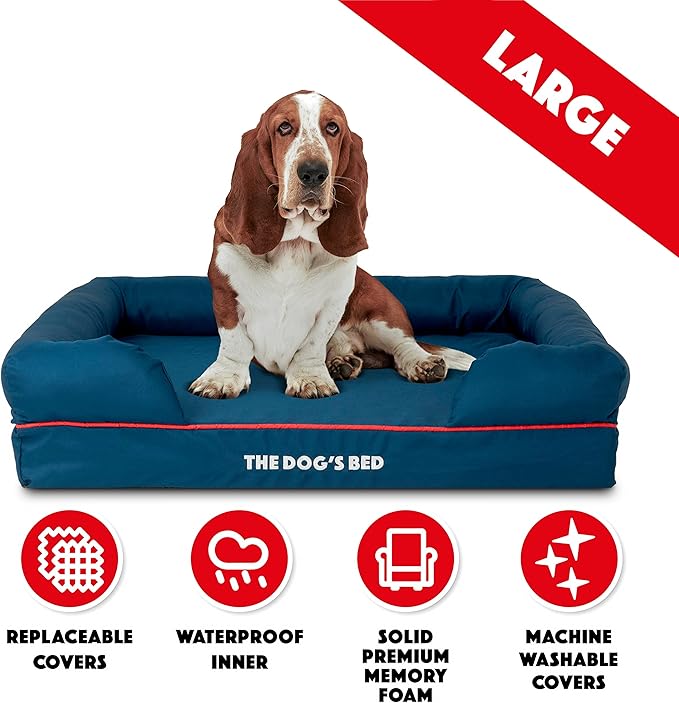The Dog’s Bed, Large Oxford Blue/Red 36x27 Memory Foam, Pain Relief: Arthritis, Hip & Elbow Dysplasia, Post Surgery, Lameness, Supportive, Calming, Waterproof Washable Cover, Veterinary Approved-Mewly Pet