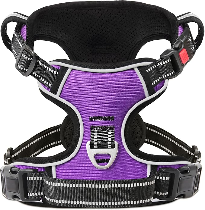 Timos Dog Harness Small Sized, No Pull with Neck Lockable Snap,No Choke Front Clip Dog Reflective Harness,Adjustable Metal Rings 3 Buckles,Easy Control Handle for Small Dogs Purple S-Mewly Pet
