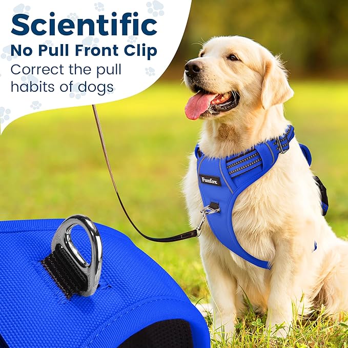 Funfox Dog Harness No Pull, Adjustable Pet Vest Harness, Super Soft Material with Vertical Handle Easy Control, Reflective Night Walking, 2 Leash Clips for Medium Sized Dogs, Blue, M-Mewly Pet
