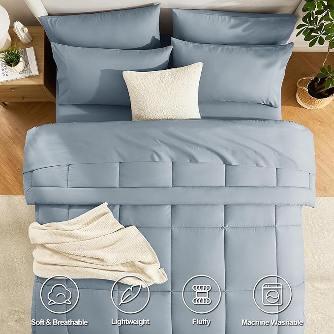 CozyLux Full Size Comforter Sets Grayish Blue, 7 Pieces Bed in a Bag, Blue Comforter Full Size, All Season Bedding Sets with Stitch Quilted Comforter, Flat Sheet, Fitted Sheet, Pillowcases