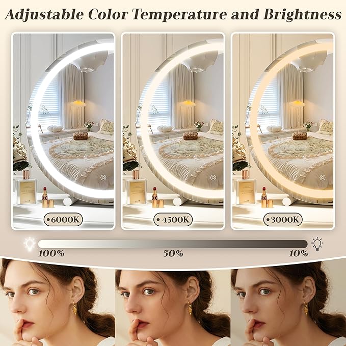 Vanity Makeup Mirror with Lights, 18 Inch LED Makeup Mirror, Lighted Vanity Mirror with Lights, Smart Touch Control 3 Colors Dimmable Round Mirror, Tabletop ＆ Desk Mirror, 360°Rotation (White)