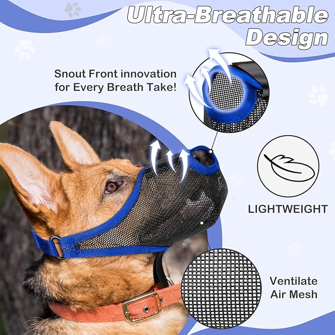 Dog Muzzle, Soft Air Mesh Muzzle for Small Medium Large Dogs Anti Biting Barking Chewing Scavenging, Breathable Adjustable Loop Pets Muzzle with Front Opening Design Allows Panting Drinking (Blue,XL)-Mewly Pet