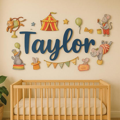 Custom Nursery Name Sign with Themed Decor Kit | Personalized Wooden Wall Art for Baby, Kids Room | Space, Jungle, Circus, Under the Sea, Woodland, Rainbow (10", Circus)