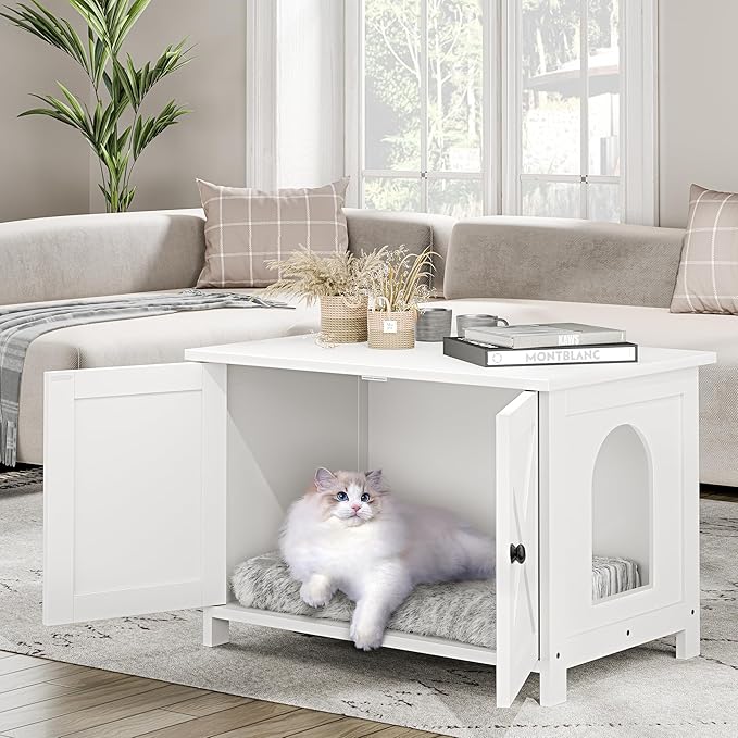 JY QAQA Cat Litter Box Enclosure,Litter Box Furniture Hidden with Barn Door,Wooden Cat Washroom Furniture,Cat House,Fit Most of Litter Box,White-Mewly Pet
