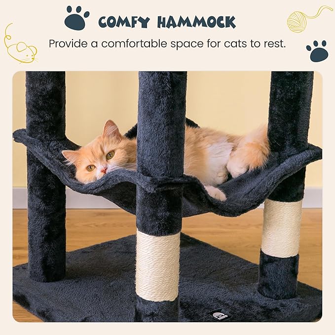 MWPO 63.8 inches Multi-Level Cat Tree for Large Cats with Sisal-Covered Scratching Posts, Padded Platform, Hammock and Condo,Stable Cat Tower Cat Condo Pet Play House-Smoky Gray-Mewly Pet