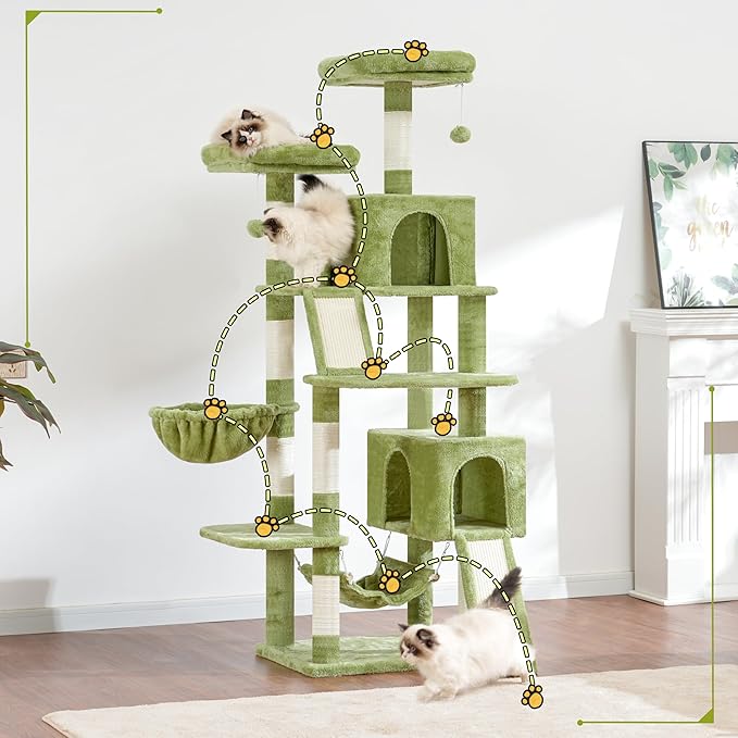 Cat Tree for Indoor Cats, 71'' (180cm) Multi-Level Cat Tower for Large Adult, Sturdy Cat Tree House with 2 Scratching Boards 7 Posts, 2 Plush Perches/Condos, Hammock, Green GCT032GR-Mewly Pet