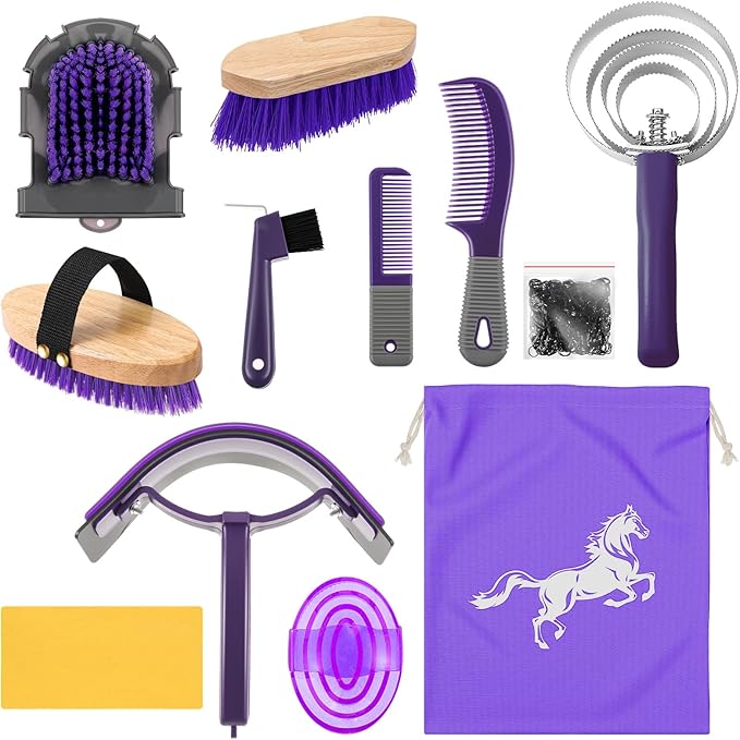 Abbylike 12 Pieces Horse Grooming Kit Racing Festival Tack Room Supplies Horse Brush Sets Equine Care Cleaning Kit Shedding Grooming Massaging Tools(Gray and Purple)-Mewly Pet