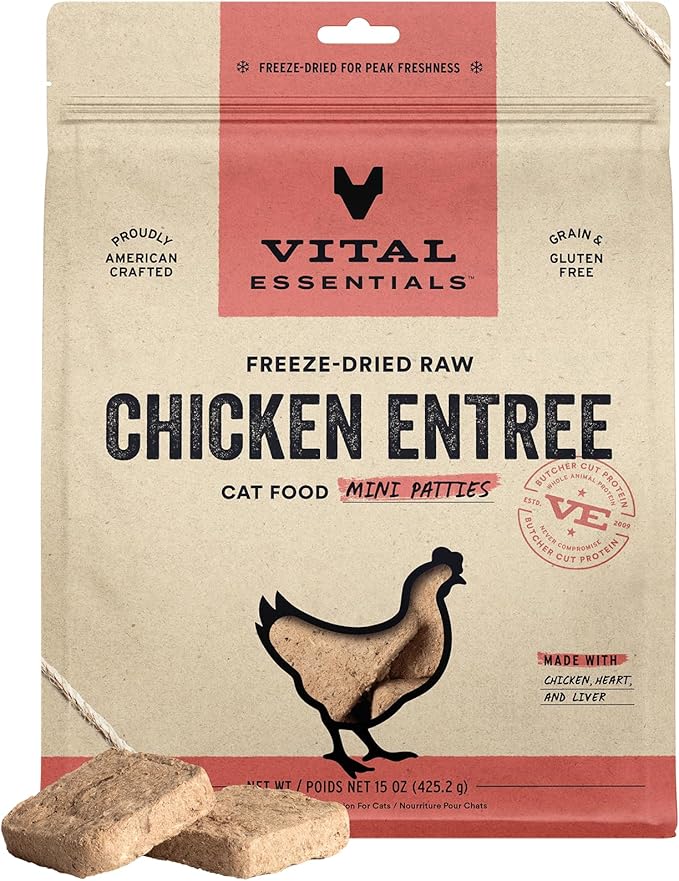Vital Essentials Freeze Dried Raw Cat Food, Chicken Mini Patties Entree, 15 oz-Mewly Pet