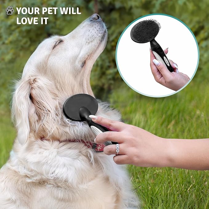 Round Bristle Pet Brush for Dogs and Cats - Soft Dog Brush for Grooming Short or Long Hair - Gentle Tool for Sensitive Skin Removes Dander, Dirt, and Detangles (Black)-Mewly Pet