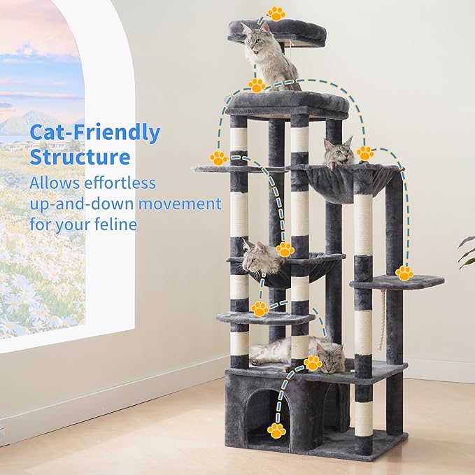 Heybly Heavy Duty Cat Tree, 71-Inch Tall Tower for Large Maine Coon with Extra-Large Baseboard, Cat Condo Furniture with Multi-Level Platforms, 2 Hammocks and 12 Scratching Posts, Smoky Gray HCT037G-Mewly Pet