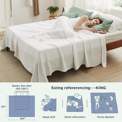 Bedsure Cooling Cotton Waffle King Size Blanket - Lightweight Breathable Summer Blanket of Rayon Derived from Bamboo for Hot Sleepers, Luxury Throws for Bed, Couch and Sofa, Fog Blue, 104x90 Inches
