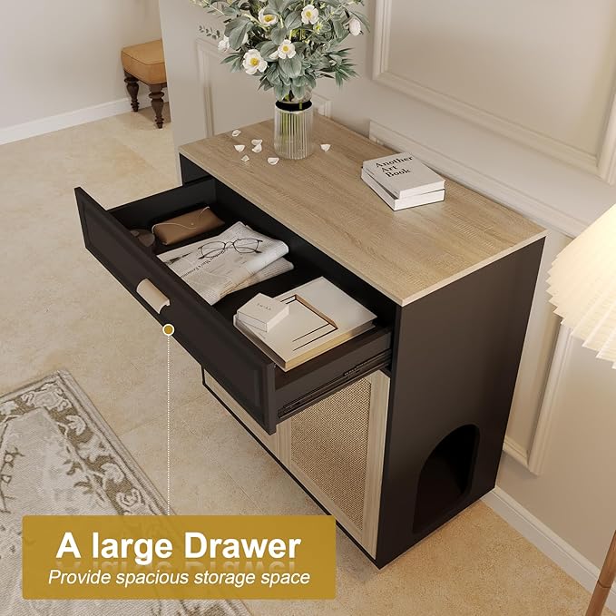 Cat Litter Box Enclosure Furniture Hidden Indoor 2-in-1 Wooden Cat House & Washroom Cabinet with Scratching Board Doors and Drawer, 31.5"x15.7"x34.6"H - Black-Mewly Pet
