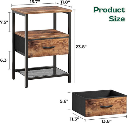 Huuger Nightstand Set of 2, Night Stand with Fabric Drawer, Mesh Shelf, Side Table with Storage, Fabric Drawer Dresser, Open Shelf, Metal Frame, Bedroom, Rustic Brown