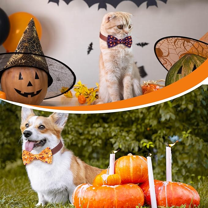 Hillban 50 Pieces Halloween Collar Dog Bow Ties Accessories for Dogs Bow Ties Attachment with Elastic Bands Dog Collar Detachable Charms for Halloween Dogs Collar Accessories-Mewly Pet