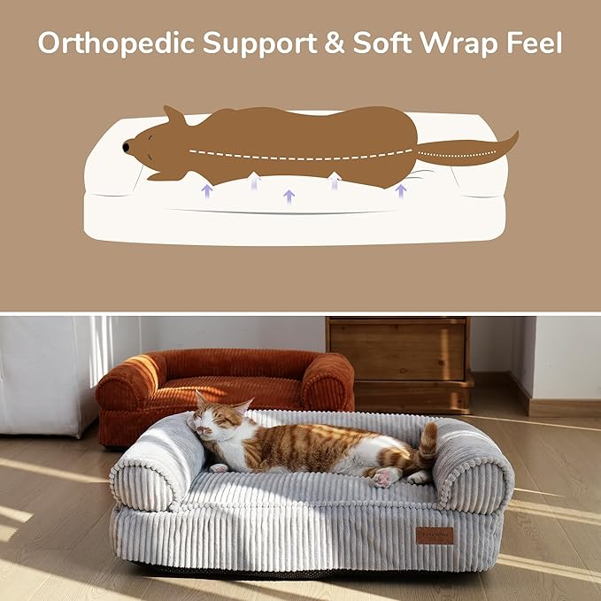 FUKUMARU Dog Couch Bed, Corduroy Cozy Cat Bed for Indoor Cats with Washable Cover, Supportive Waterproof Dog Beds Sofa for Small Dogs and Large Cats Cute, 28inch, Medium, Light Grey-Mewly Pet