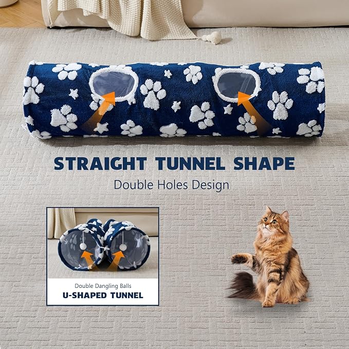 Straight Cat Tunnel for Indoor Cats 47"x12", Cute Cat Toys Collapsible Tunnel Tube with Balls for Puppy Kitten Rabbit, Blue Paw-Mewly Pet