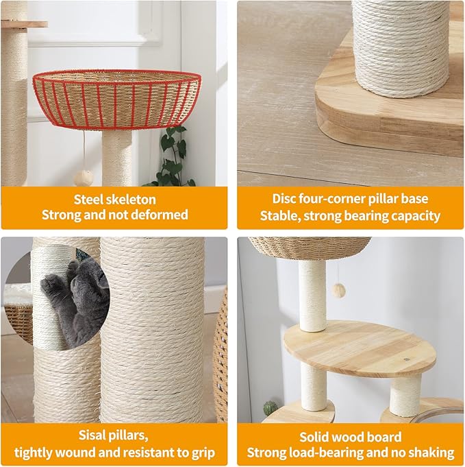 59" Big Modern Cat Tree Tower, Cat Tower Sisal-Covered Scratching Posts for Indoor Cats, Oak Wood Cat Tree for Large Cats, Multi-Level Cat Condo with Space Capsule Nest, Cat Furniture Activity Centre-Mewly Pet