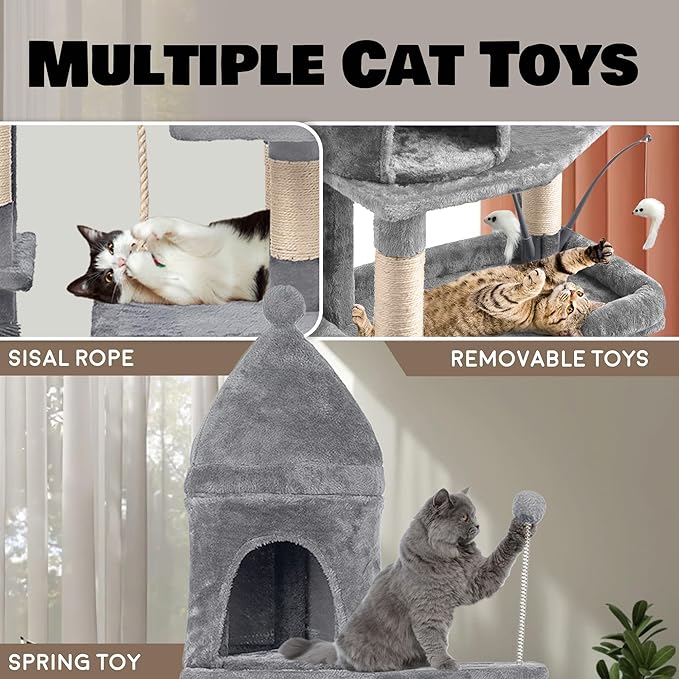 Large Cat Tree Tower for Large Cats, Cat Scratching Post, Self Grooming Post, Interactive Cat Toys, Oversized Perch and Basket, Heavy Duty 72", Light Grey-Mewly Pet