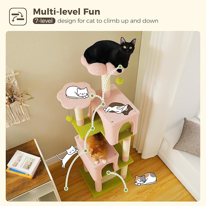 Flower Cat Tree, 62-Inch Large Cat Tower for Multi-Cat Households w/Scratching Posts, Multi-Level Cat Condo w/Cozy Top Perch & Scratching Pad, Padded Platform, 2 Pompoms, Pink-Mewly Pet