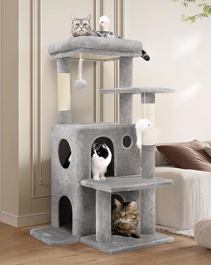 Globlazer Cat Tree Tower for Indoor Cats, 50-inch Adult Cat Tree House for Large Adult Cats with Steps, Scratching Post, 2 Cat Caves, Dangling Toys, FC50, Light Grey-Mewly Pet