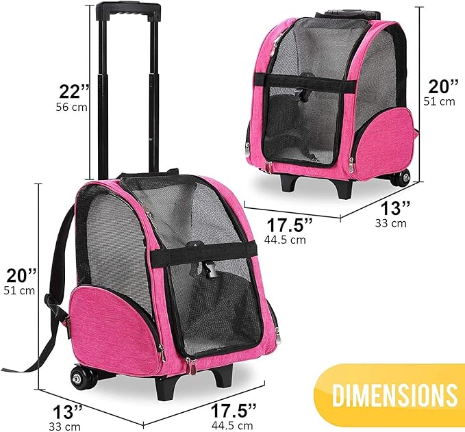 KOPEKS Deluxe Backpack Pet Travel Carrier with Double Wheels for Pets up to 18 Pounds - Pink-Mewly Pet
