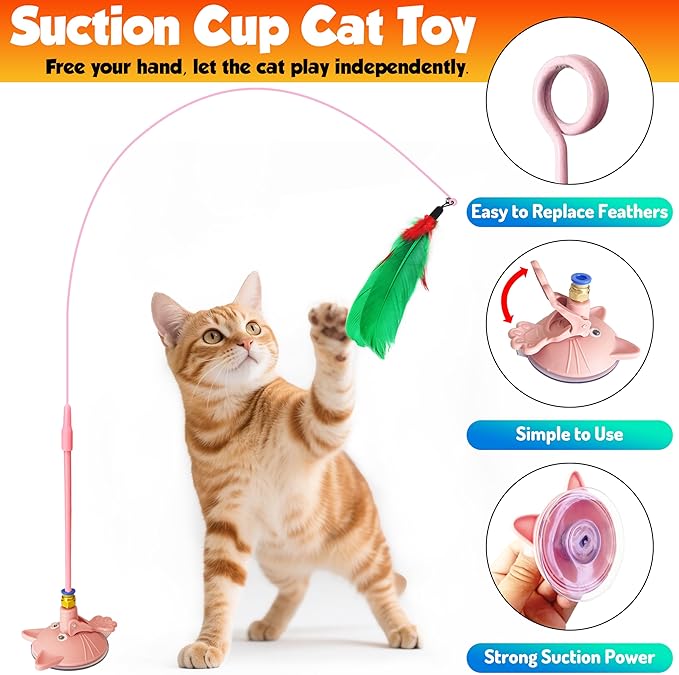 Cat toy pack with 27PCS self play accessories for indoor cats-cat teaser wand, fishing pole, suction cup, ball, string, mouse, feathers and hanging interactive cat toys for kitten Exercise & Chase-Mewly Pet