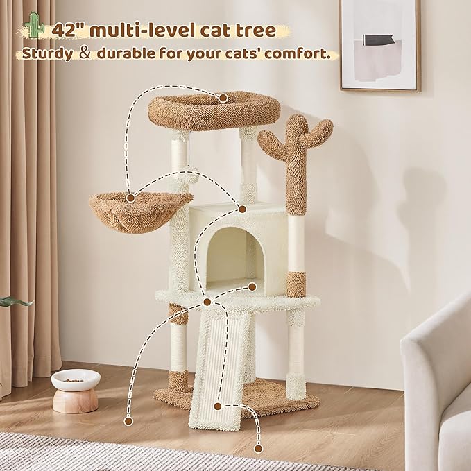Yaheetech Cactus Cat Tree, 42in Cat Tower for Indoor Cats, Multi Level Kitten Condo Scratching Post, Pet Activity Center Furniture w/Ball, Plush Perch, Platform, Basket, Beige/Brown-Mewly Pet