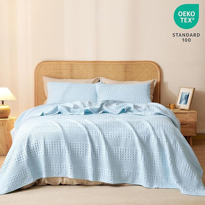 PHF 100% Cotton Waffle Weave Blanket Queen Size for Bed, Soft Lightweight & Breathable, All-Season Comfort, Luxury Aesthetic Woven Bedding for Home Decor, 90"x90", Baby Blue