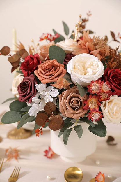 Artificial Flower Box Set Silk Fake Flowers for DIY Wedding Hand Bouquet Flower Arrangement Bouquet Centerpiece Decorations Baby Shower Party Home Decorations (Burgundy)