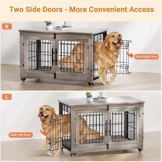 Lulive Large Dog Crate Furniture, 38'' Wooden Dog Crate End Table, Double Door Dog Kennel Indoor with Cushion & Wheels, Decorative Dog Cage House Chew-Resistant for Large/Medium, Grey-Mewly Pet
