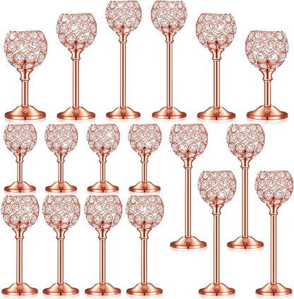 Qunclay 18 Pieces Crystal Candle Holders Bulk Candle Stick Holder Centerpieces for Table Wedding Centerpieces Crystal Decorative Tealight Dining Table Decor for Party(Rose Gold)