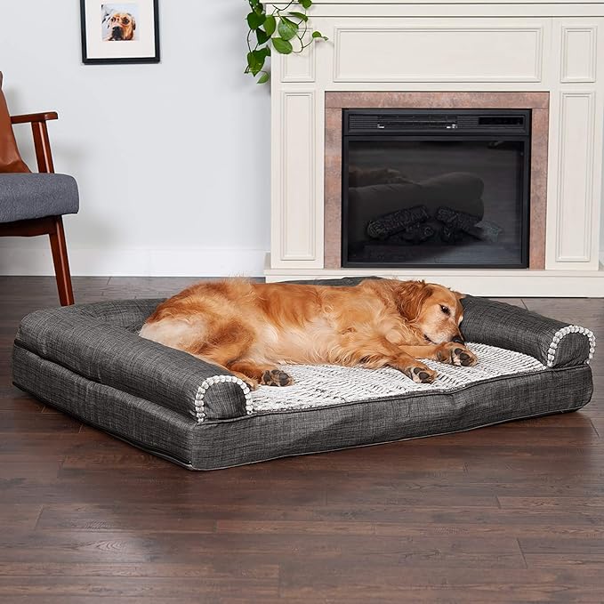 Furhaven Orthopedic Dog Bed for Large Dogs w/ Removable Bolsters & Washable Cover, For Dogs Up to 95 lbs - Luxe Faux Fur & Performance Linen Sofa - Charcoal, Jumbo/XL-Mewly Pet